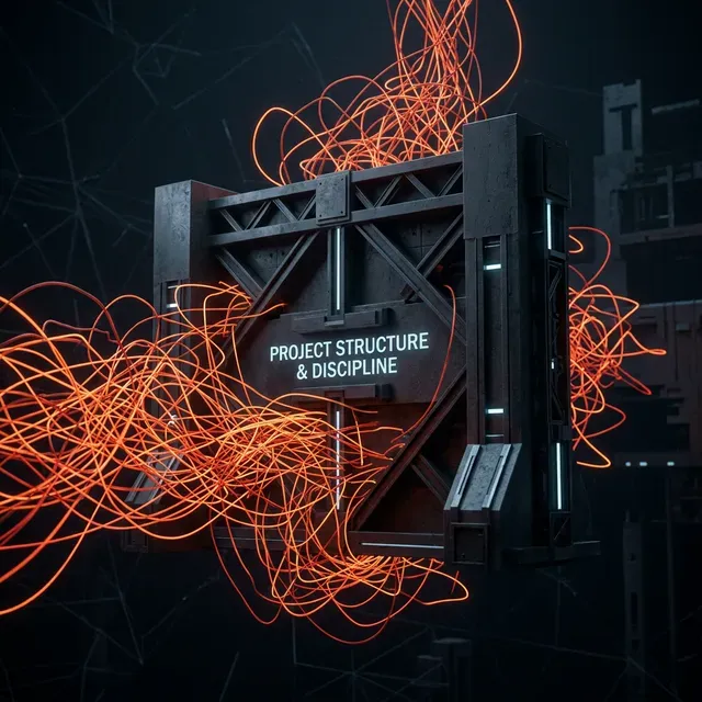 توضيح مفاهيمي لخطوط اتصال غير منظمة تحاول تخطي بوابة هيكلية صلبة تمثل انضباط المشروع.