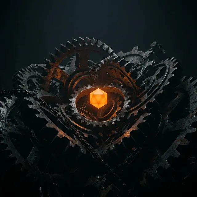 توضيح مفاهيمي ثلاثي الأبعاد لنواة هندسية مضيئة تجلب تفكيراً منظومياً صافياً إلى آلة من التروس المعقدة والفوضوية.