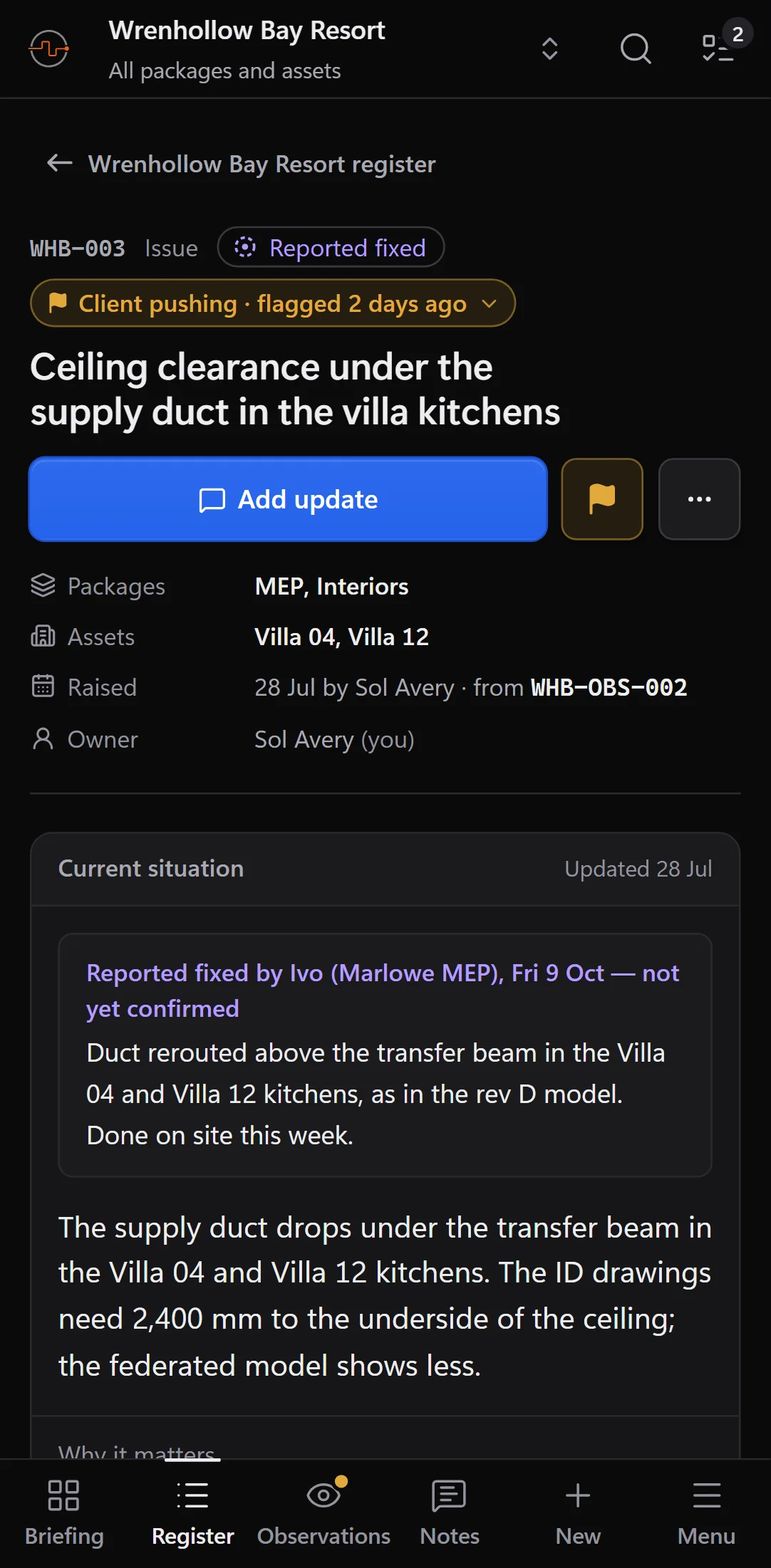 An issue on a phone, marked Reported fixed: who reported it and when, with the words 'not yet confirmed' above the description of what was done.