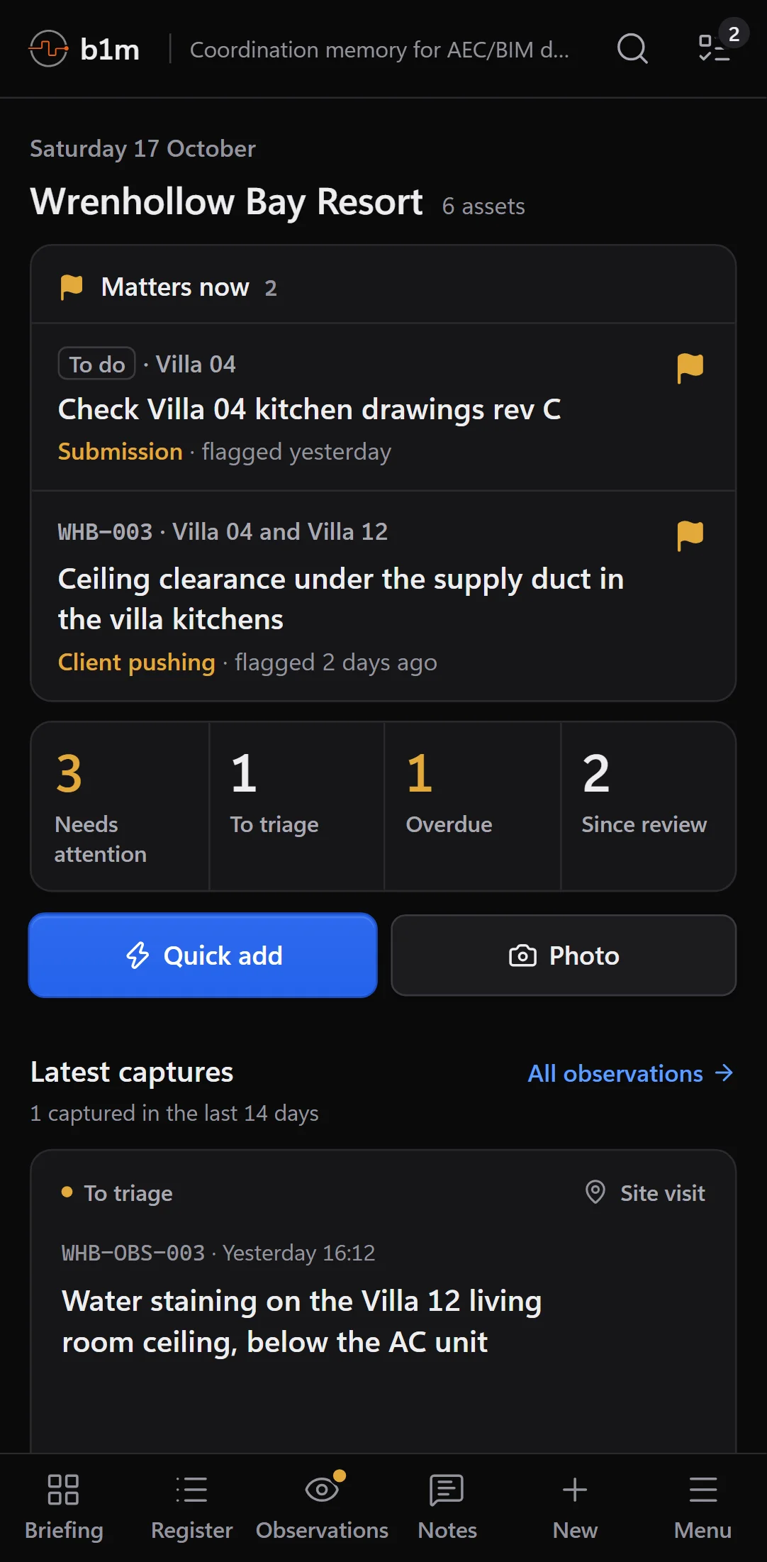 The home screen on a phone, led by the items flagged as mattering now, each with its reason and how long ago it was flagged.
