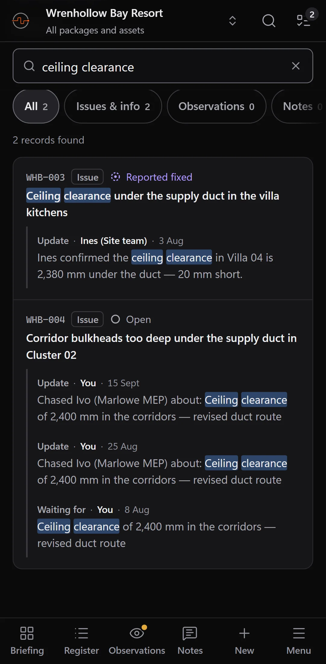 Search results on a phone for 'ceiling clearance', showing the matching sentence from an update, with who said it and when.
