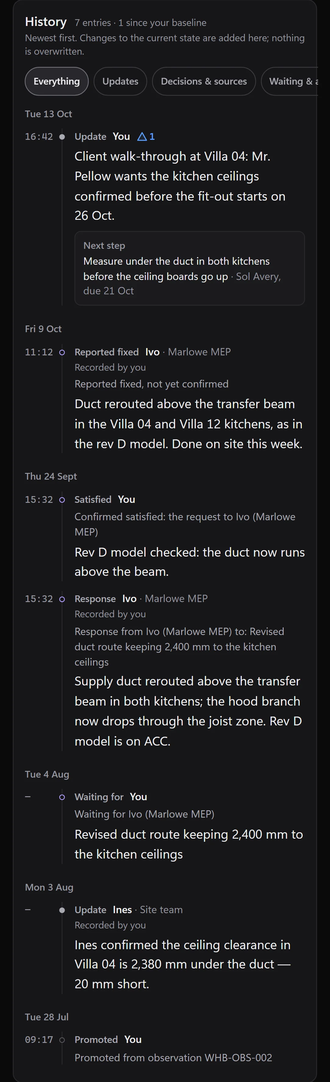 The history of one issue on a phone, newest at the top. From the bottom: promoted from a site observation, a site measurement, a request to the MEP team, their response, the request confirmed as met, their report that it was fixed on site (not yet confirmed), and the client's walk-through with the next step.